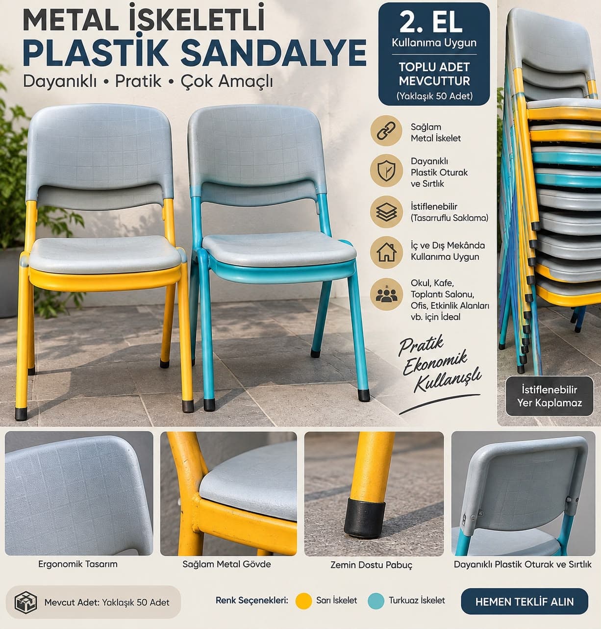 Renkli Metal İskeletli Plastik Sandalye